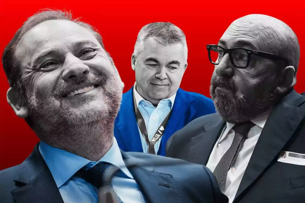 Tres hombres con traje posan sobre un fondo rojo