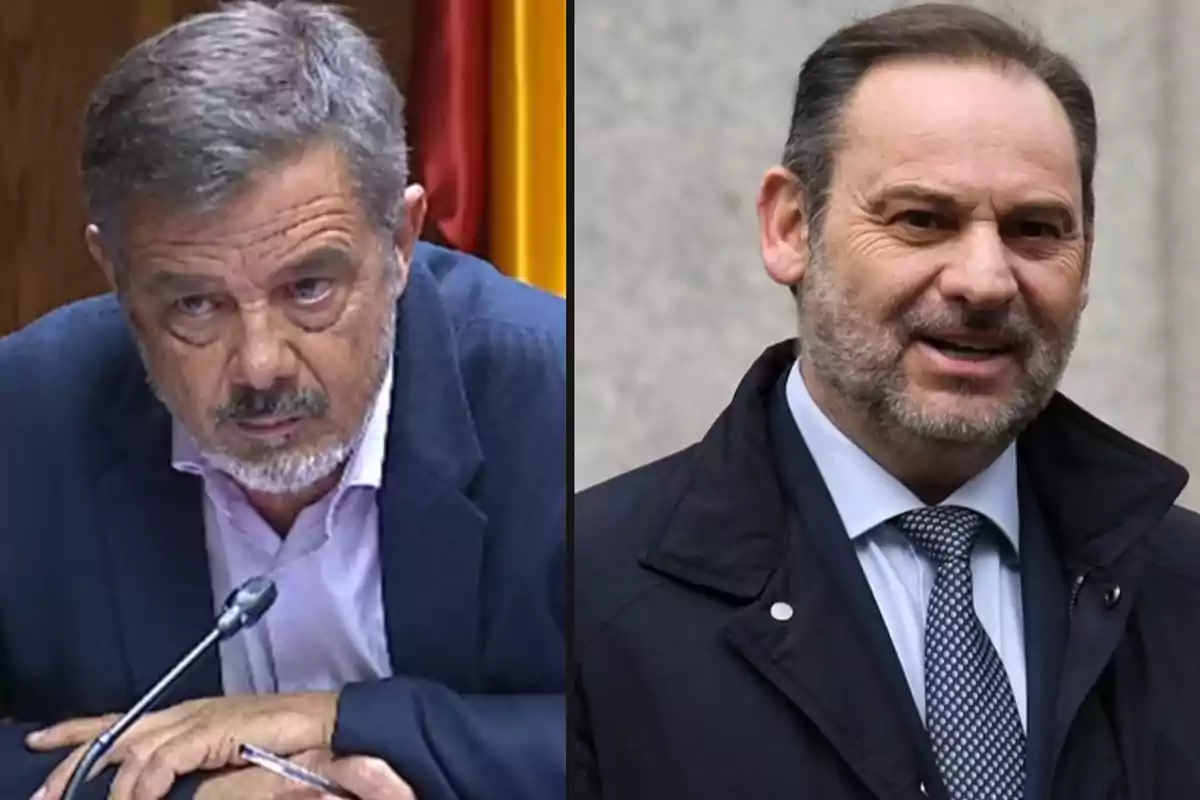 Dos hombres de mediana edad con barba y cabello canoso uno en un entorno formal con micrófono y el otro al aire libre con abrigo y corbata