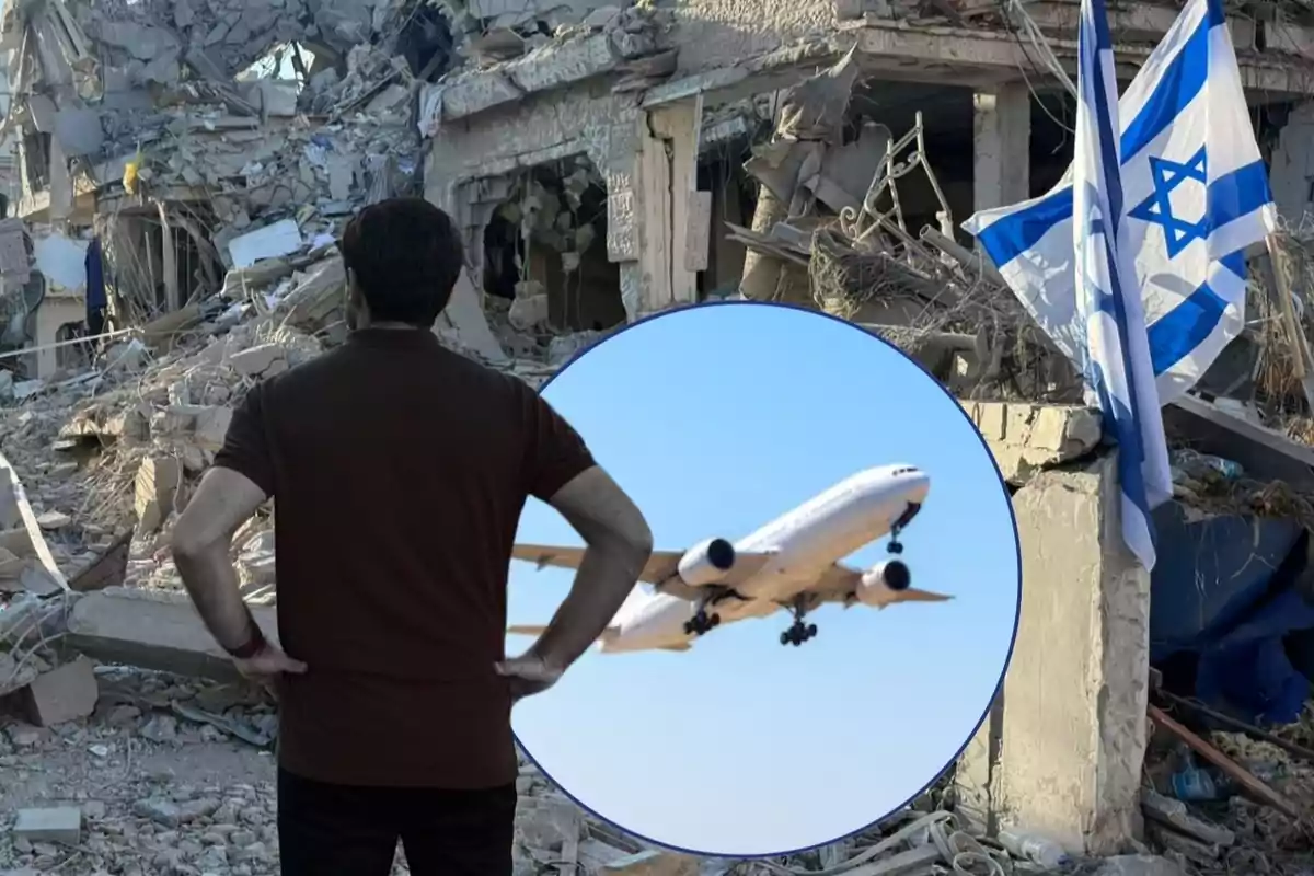 Un hombre de espaldas observa un edificio destruido con una bandera de Israel mientras en primer plano aparece la imagen de un avión despegando