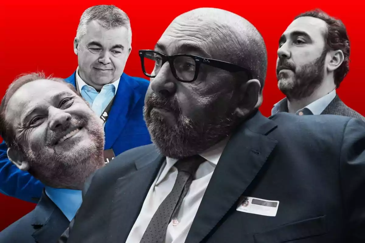 Cuatro hombres con traje y barba aparecen en primer plano sobre un fondo rojo