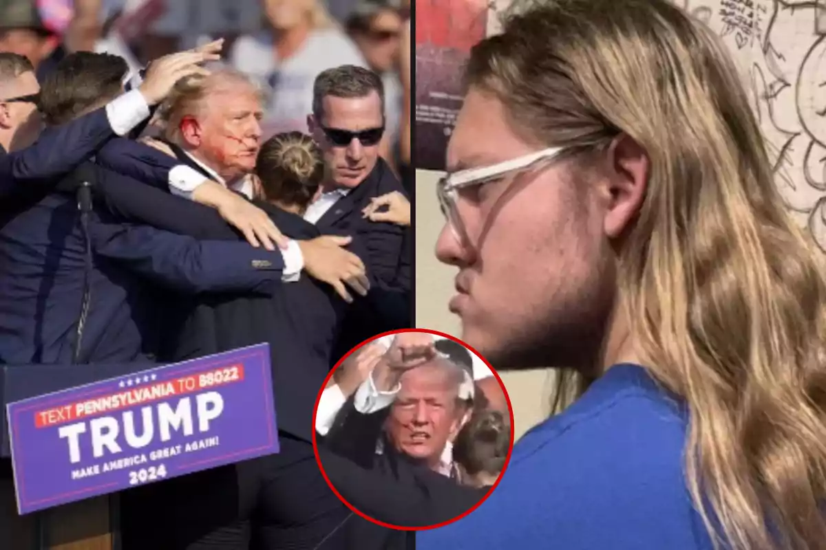 Un hombre con gafas y cabello largo observa una imagen de un evento político donde varias personas rodean a un hombre con el rostro pintado de rojo, con un cartel que dice "TEXT PENNSYLVANIA TO 88022 TRUMP MAKE AMERICA GREAT AGAIN 2024".