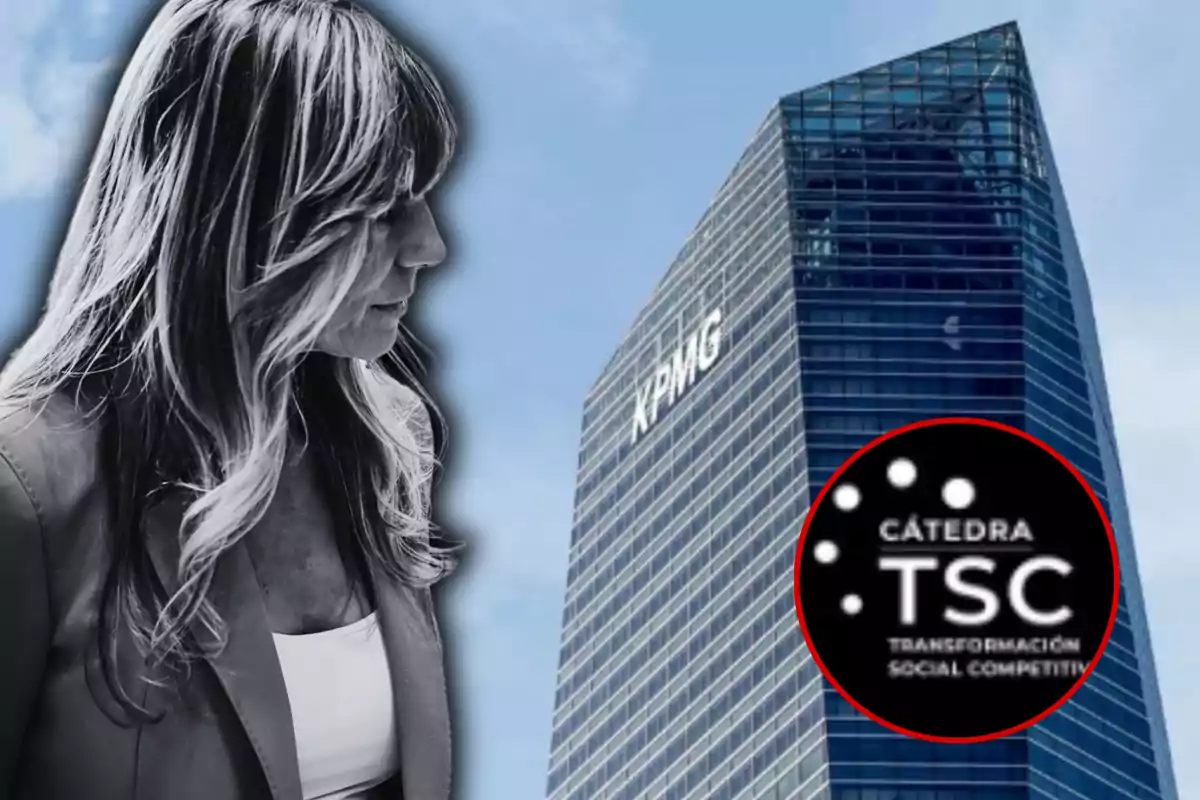 Una mujer de perfil en blanco y negro con un edificio de KPMG y el logo de Cátedra TSC en el fondo.