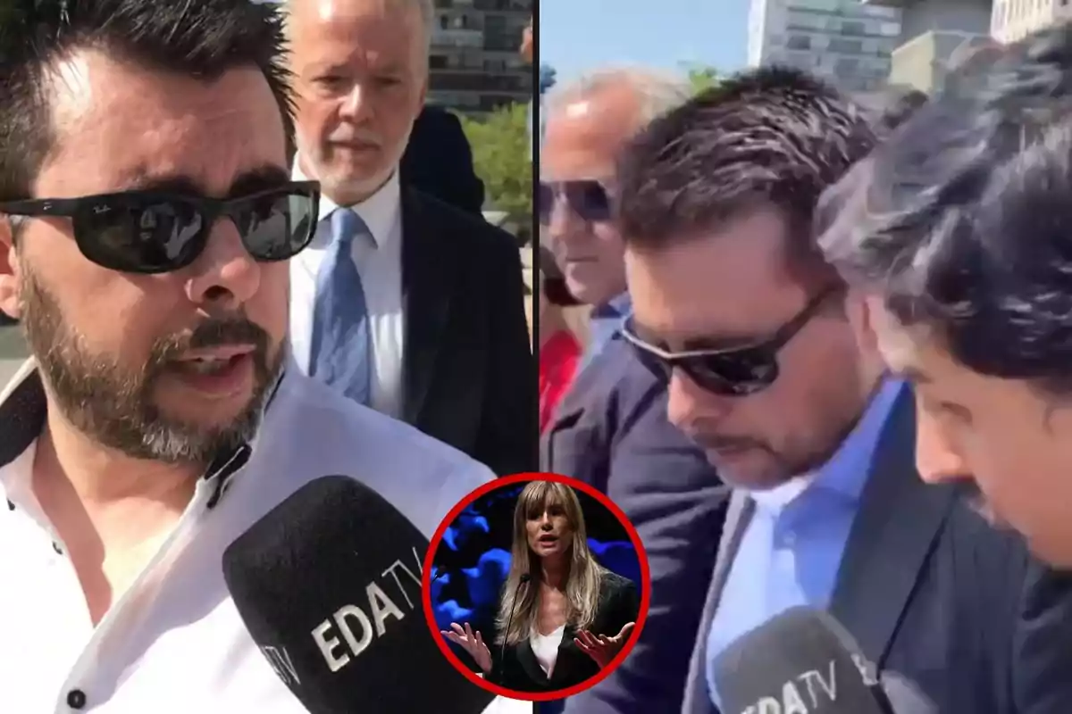 Un hombre con gafas de sol y barba es entrevistado por un micrófono de EDA TV, mientras que en el fondo se ve a otro hombre mayor con traje y corbata. A la derecha, otra imagen muestra al mismo hombre con gafas de sol rodeado de personas, y en el centro de la imagen hay un círculo rojo con la foto de una mujer hablando.