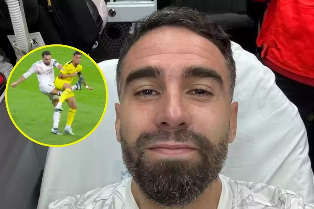 Un hombre con barba sonríe mientras está recostado y en un recuadro se muestra una jugada de fútbol entre dos jugadores.