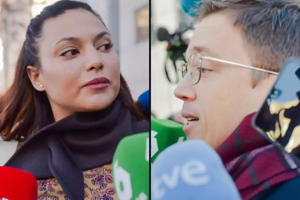 Two people speaking in front of several press microphones in an outdoor setting.