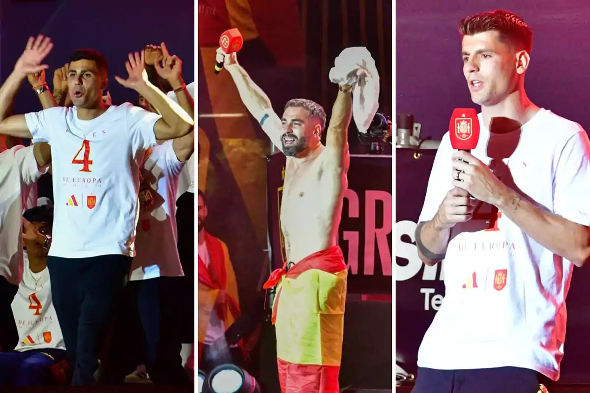 Tres personas celebrando con camisetas blancas que dicen "Reyes de Europa" y el número 4, una de ellas sosteniendo un micrófono y otra envuelta en una bandera.