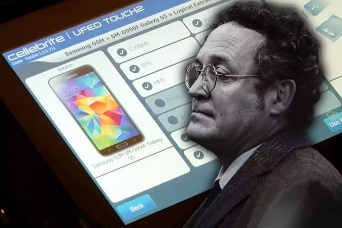 A man wearing glasses appears in the foreground while in the background a screen of a Cellebrite UFED Touch2 device is shown with data extraction options from a Samsung Galaxy S5 phone.