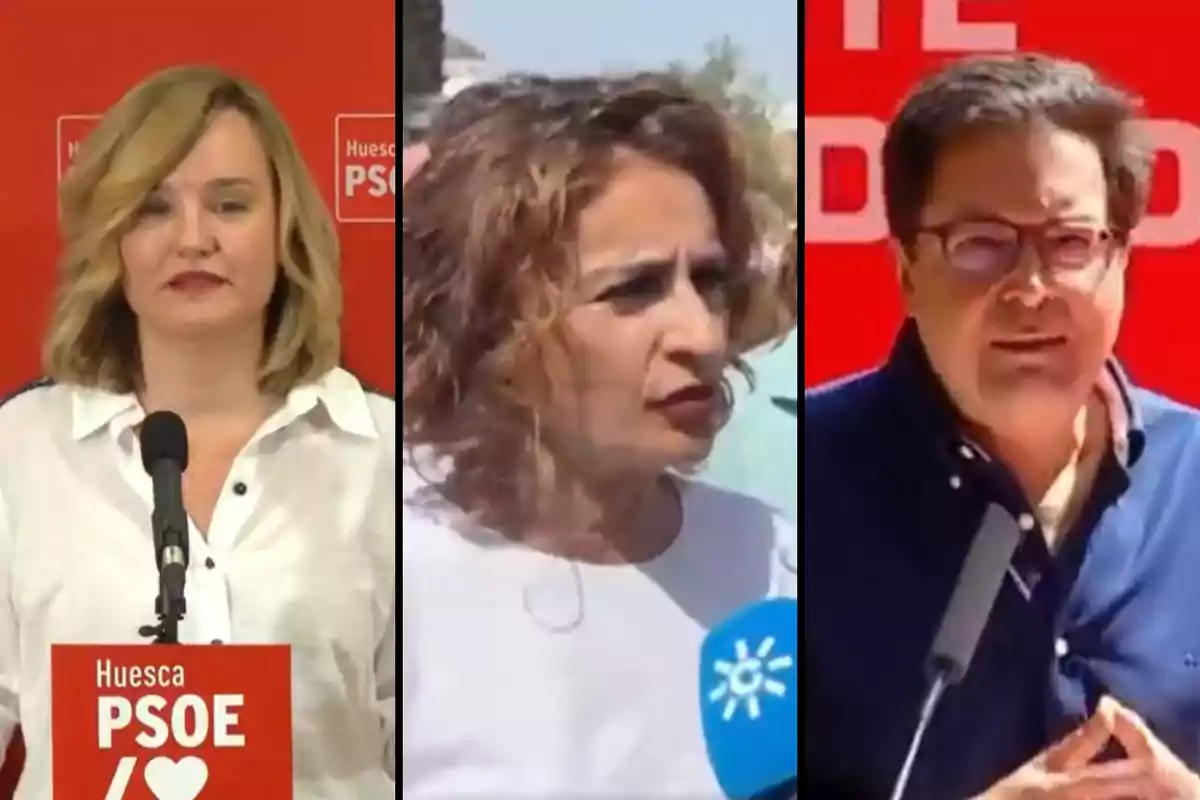 Tres personas en diferentes escenarios, dos de ellas frente a un fondo rojo con logotipos del PSOE y una en el centro al aire libre hablando ante un micrófono azul