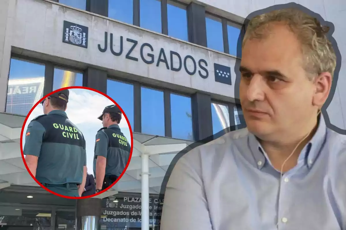 Un hombre con camisa azul claro aparece en primer plano, mientras que en el fondo se ve un edificio con el letrero "JUZGADOS" y el escudo de España; en un círculo rojo, dos agentes de la Guardia Civil están de espaldas.