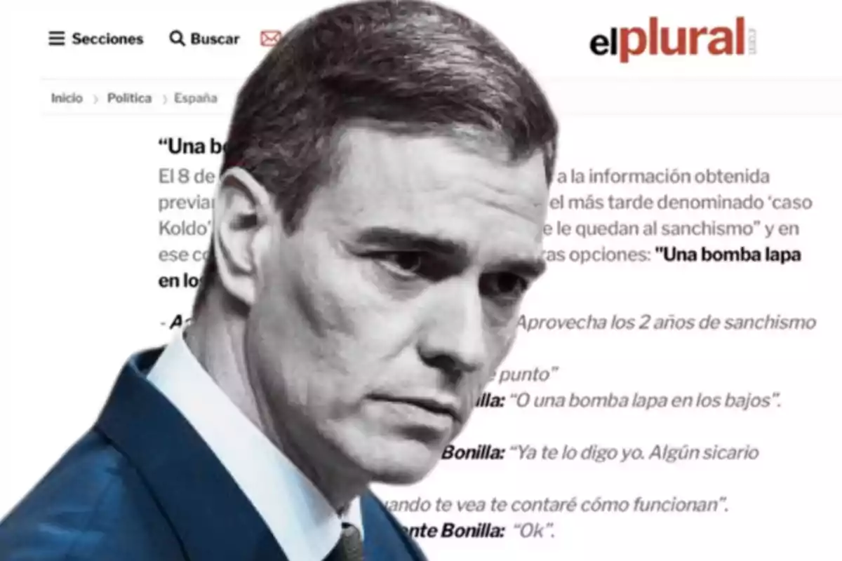 Hombre de traje con expresión seria en primer plano sobre un fondo de una página web de noticias llamada elplural