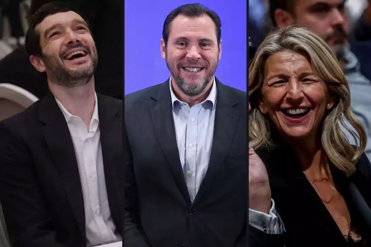 Tres personas sonriendo y vistiendo trajes formales.