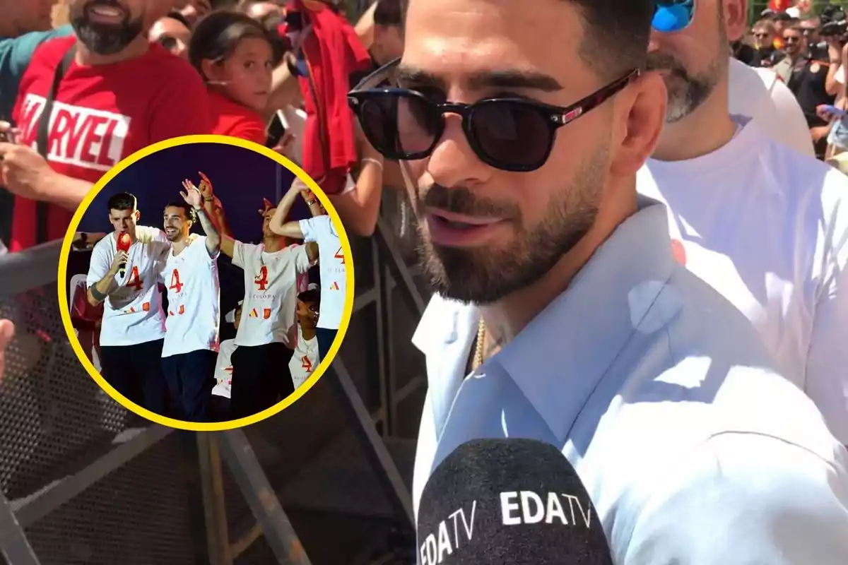 Un hombre con gafas de sol y barba es entrevistado por un micrófono de EDA TV mientras una multitud de personas lo rodea, en la esquina inferior izquierda hay un círculo amarillo que muestra a varios hombres celebrando con camisetas blancas y el número 4 en rojo.