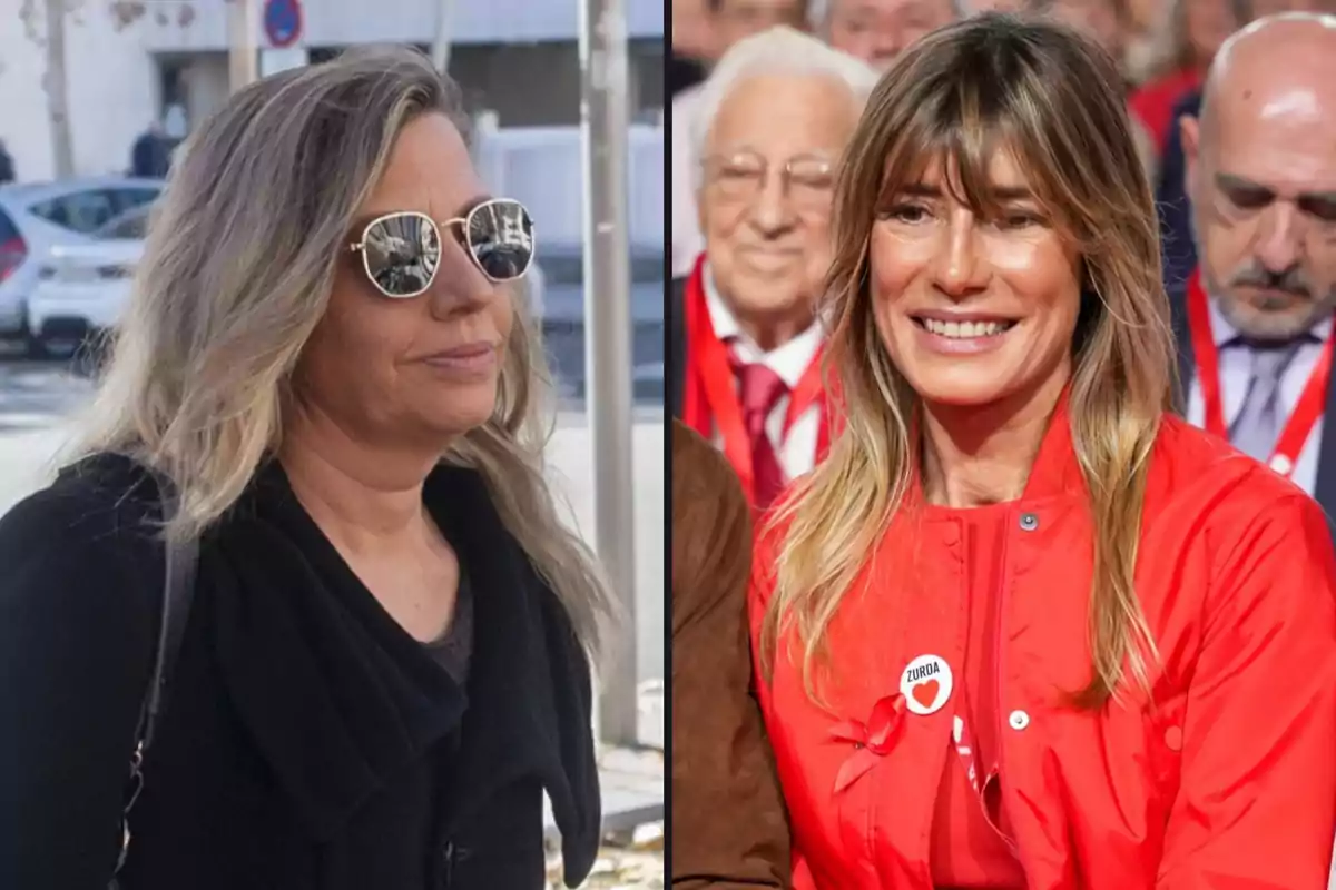 Dos mujeres en diferentes contextos, una con gafas de sol y chaqueta negra al aire libre y otra sonriendo con chaqueta roja en un evento.