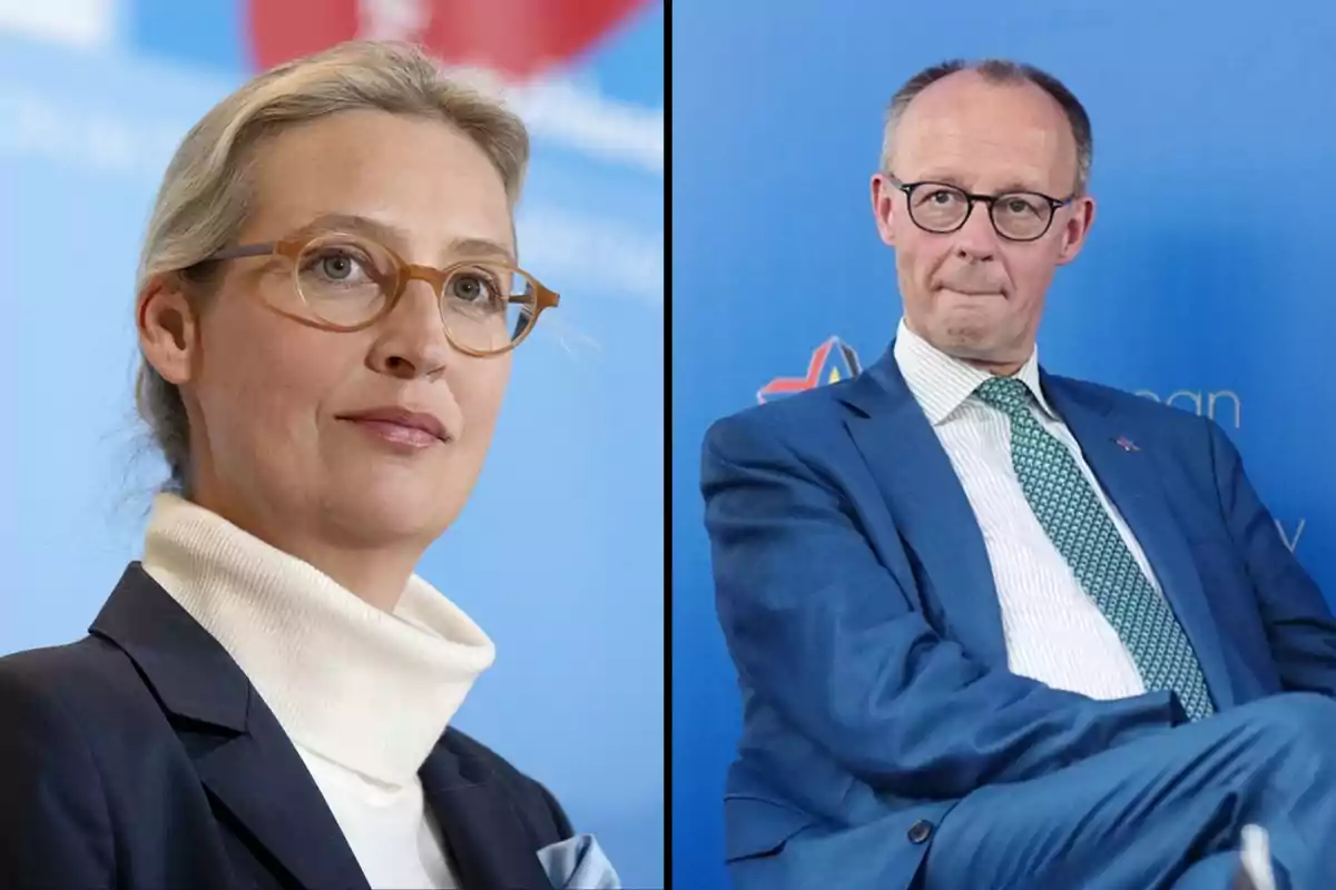 Dos personas en un entorno profesional, una mujer con gafas y suéter blanco a la izquierda y un hombre con gafas y traje azul a la derecha, ambos con expresiones serias.