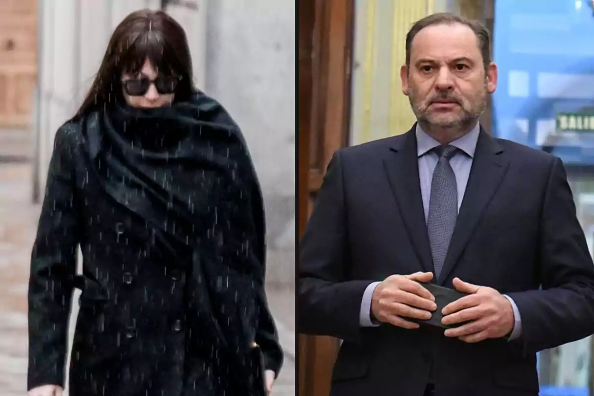 Dos personas en diferentes entornos, una con abrigo y gafas de sol bajo la lluvia y otra con traje formal en un interior.