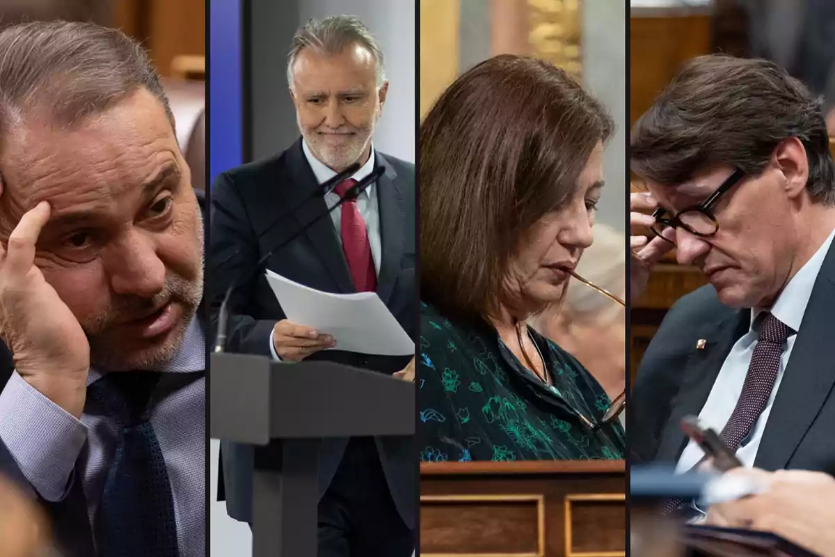 Cuatro personas en diferentes situaciones, dos de ellas parecen estar en un entorno de trabajo o político, mientras que las otras dos están en un ambiente más formal, posiblemente en una reunión o conferencia.