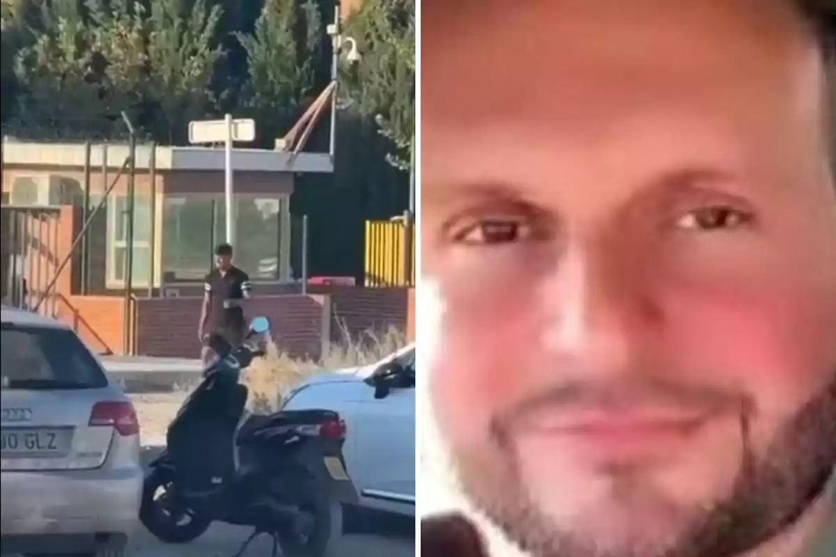 Una imagen dividida en dos partes, a la izquierda se ve una persona caminando cerca de una caseta de vigilancia con varios vehículos estacionados, mientras que a la derecha se muestra un primer plano del rostro de un hombre con barba.