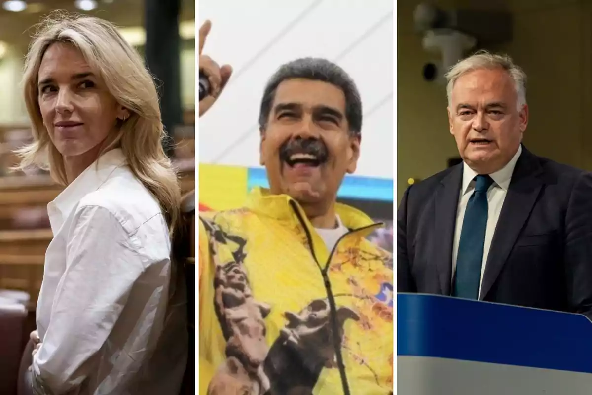 Tres personas en diferentes contextos: una mujer de cabello rubio y camisa blanca, un hombre con bigote y chaqueta amarilla con un micrófono, y un hombre de cabello canoso con traje y corbata hablando en un podio.