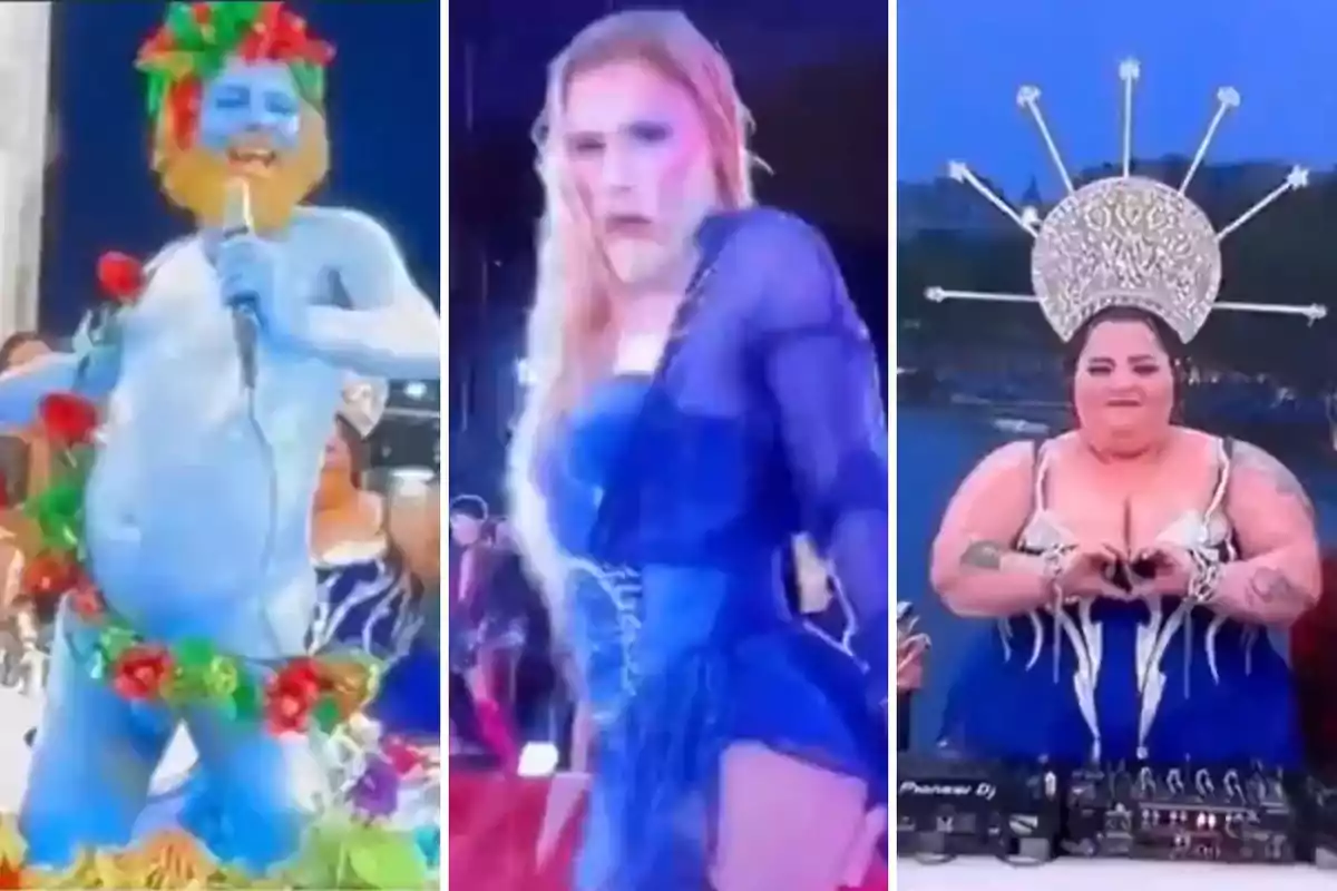 Tres personas disfrazadas en un evento, una pintada de azul con flores, otra con un vestido azul y la tercera con un tocado plateado.