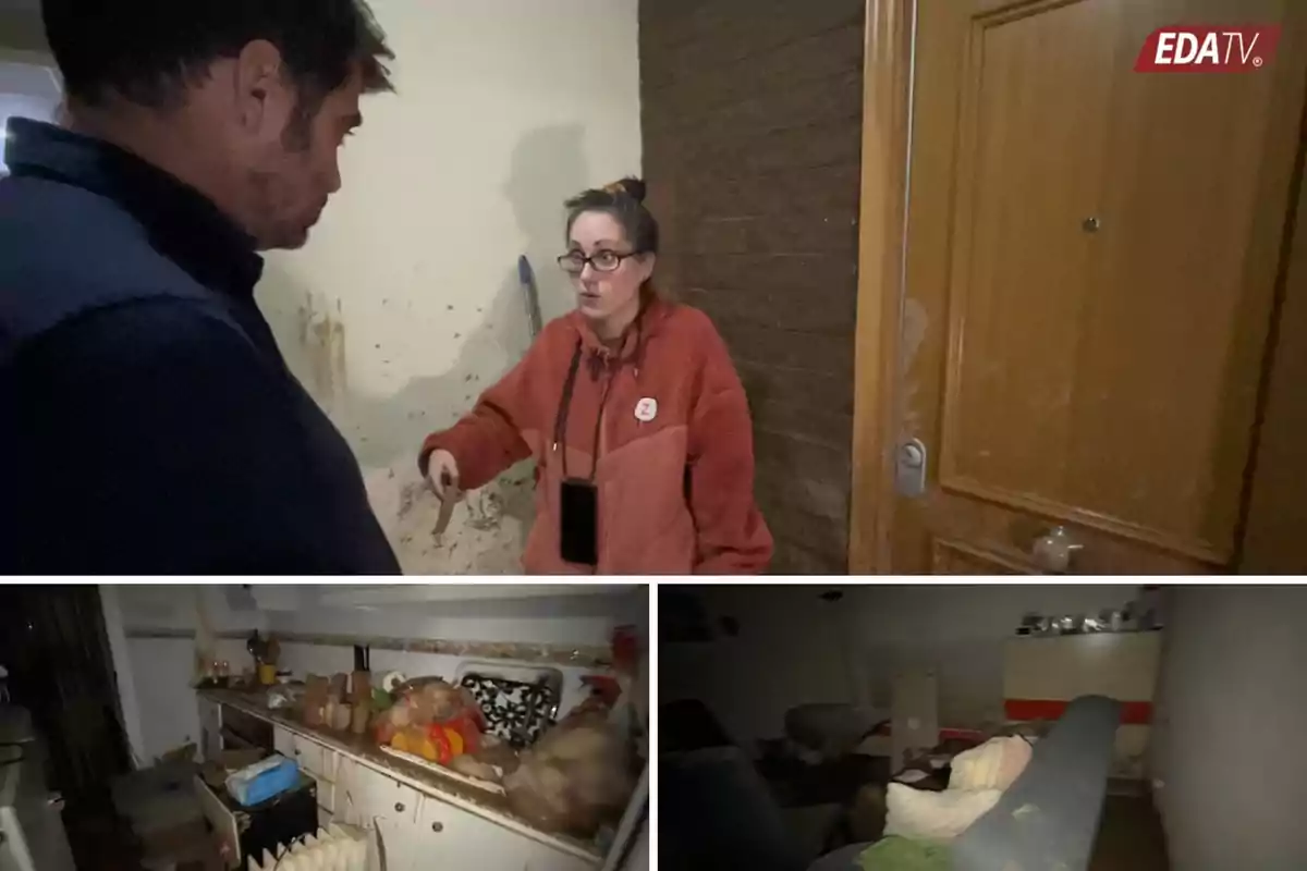 Una mujer con gafas y suéter rojo habla con un hombre frente a una puerta de madera, mientras que las imágenes inferiores muestran una cocina desordenada y una habitación oscura con muebles desordenados.