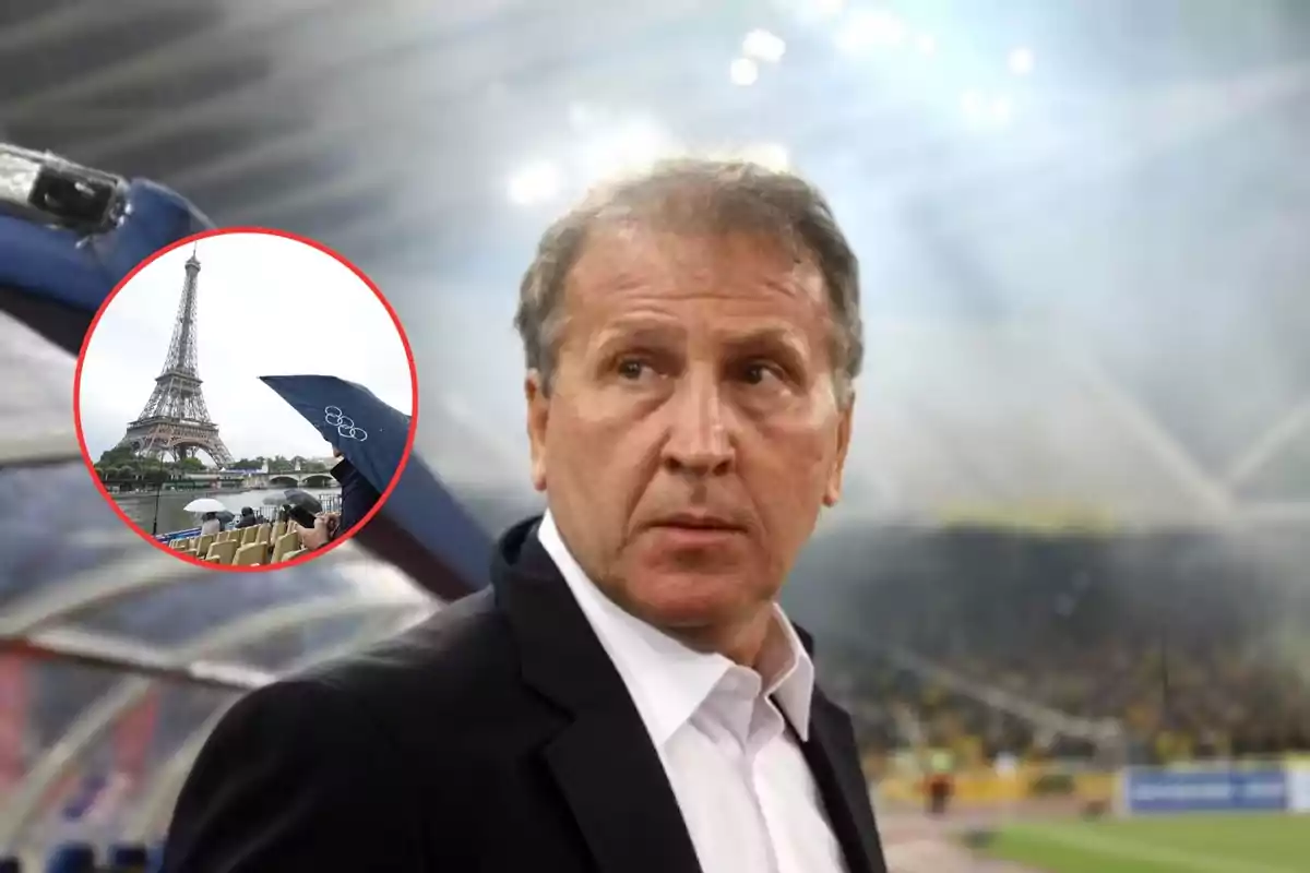 Un hombre con traje oscuro y camisa blanca está en un estadio, mientras que en un recuadro circular se muestra la Torre Eiffel y un paraguas con el logo de los Juegos Olímpicos.