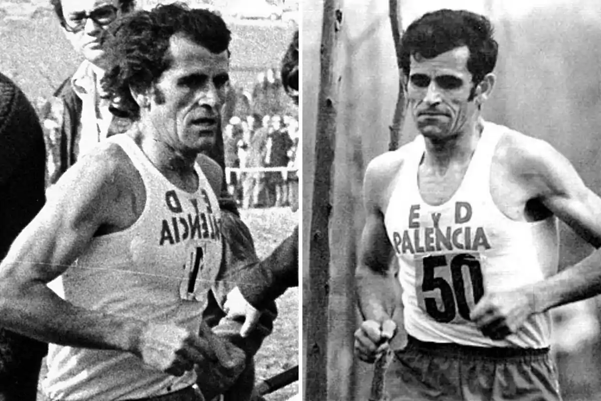 Dos imágenes en blanco y negro de un corredor con camiseta de "E Y D Palencia" en diferentes momentos de una carrera.