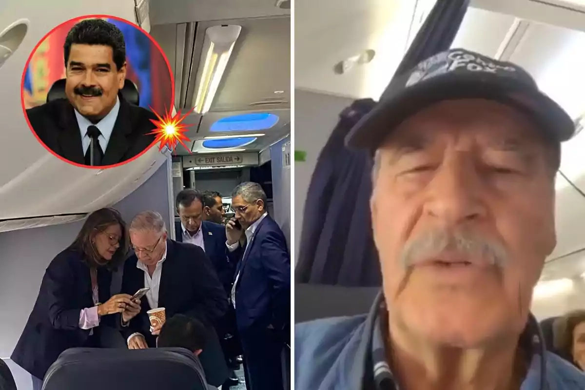 Una imagen muestra a varias personas dentro de un avión, algunas de ellas conversando y usando sus teléfonos, mientras que en la esquina superior izquierda hay un círculo rojo con la imagen de un hombre con bigote y traje, y a la derecha un hombre mayor con gorra aparece en primer plano.