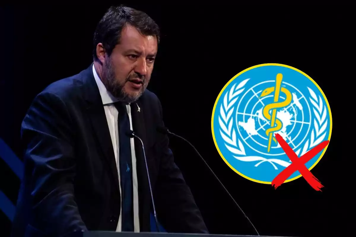 A man speaking at a podium with the WHO logo crossed out next to it.