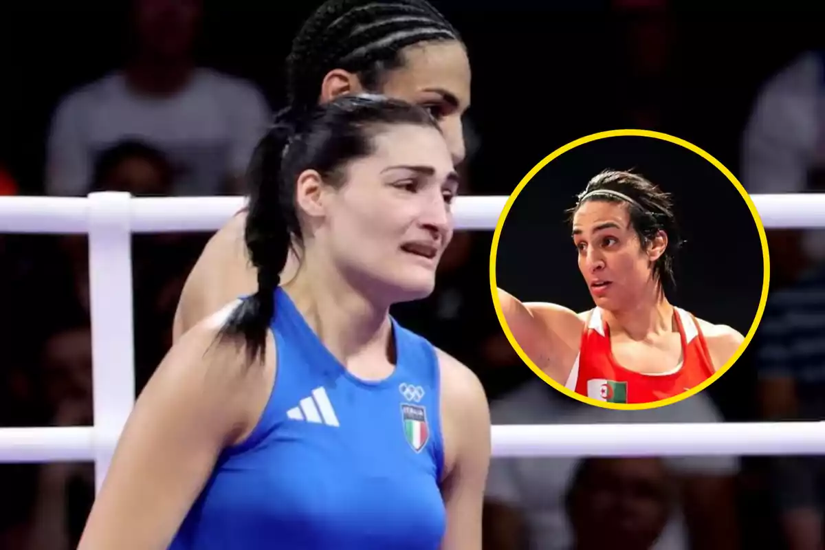 Dos boxeadoras en el ring, una de ellas con uniforme azul parece estar triste, mientras que la otra con uniforme rojo está en un recuadro circular celebrando.