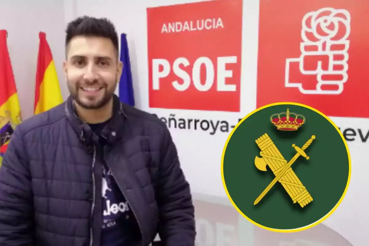 A smiling man in a dark jacket stands in front of a background with PSOE logos and flags, next to a circular emblem with a crown and crossed symbols.