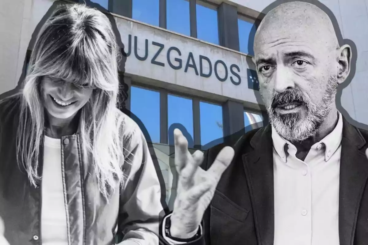 Dos personas frente a un edificio de juzgados.