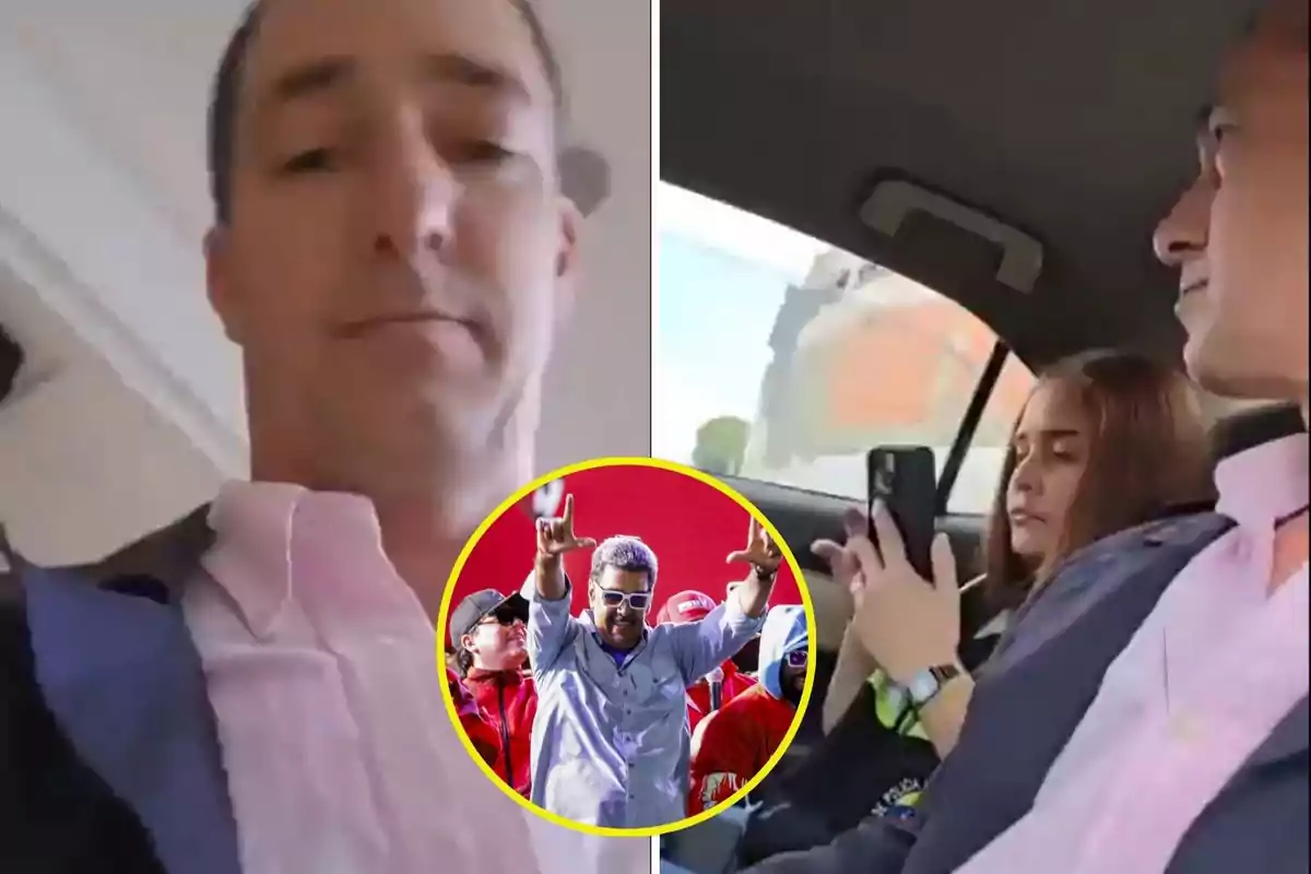 Un hombre con camisa rosa y saco oscuro aparece en dos fotos, una de ellas en un automóvil junto a una mujer que usa su teléfono, y en el centro hay una imagen circular de un grupo de personas con un hombre al frente haciendo un gesto con las manos.