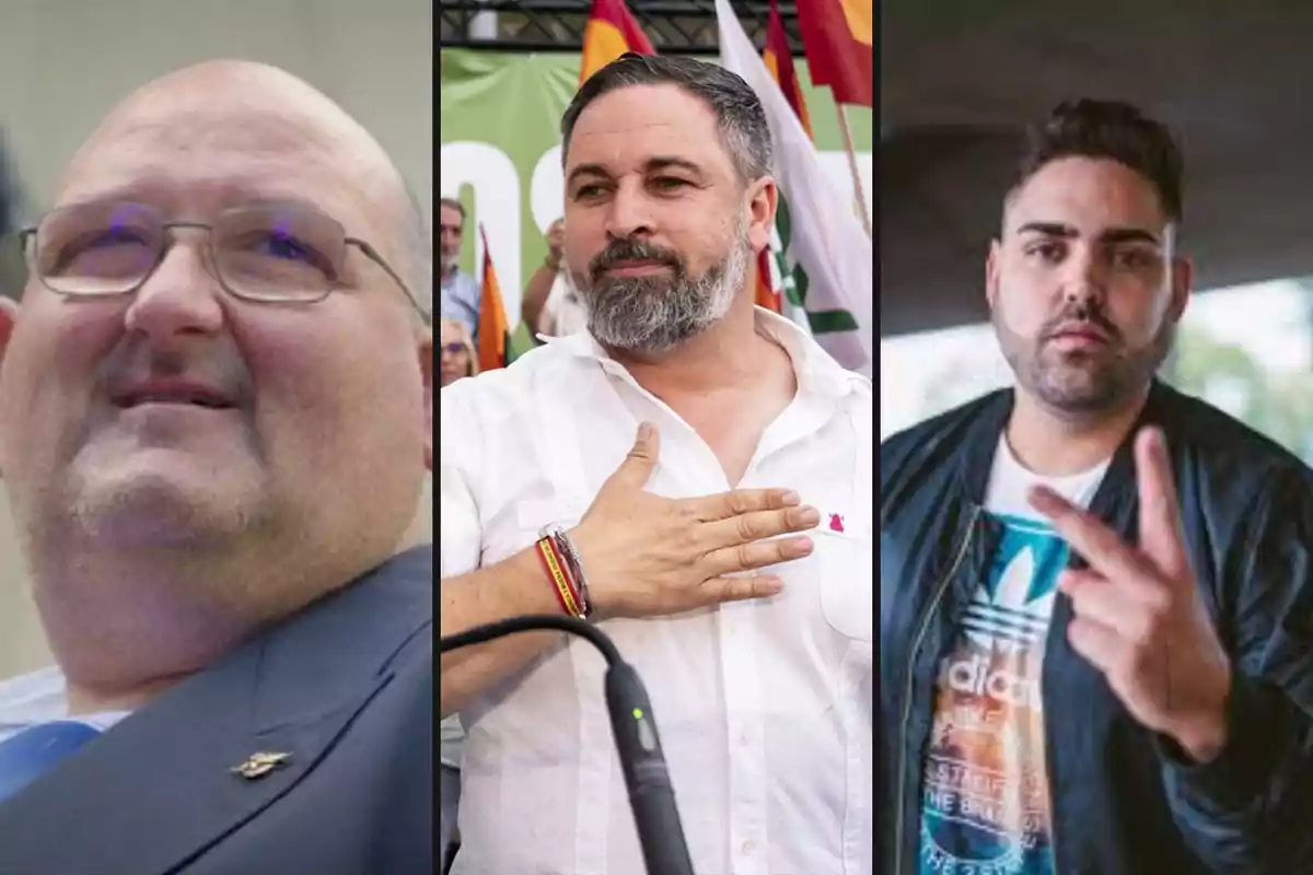 Tres hombres en una imagen dividida en tres secciones verticales, el hombre de la izquierda lleva gafas y un traje oscuro, el hombre del centro lleva una camisa blanca y tiene la mano en el pecho, el hombre de la derecha lleva una chaqueta oscura y hace un gesto con los dedos.