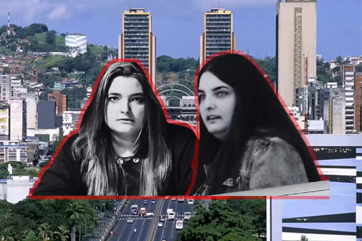 Dos mujeres en blanco y negro con un contorno rojo están superpuestas sobre una imagen de una ciudad con edificios altos y una carretera.