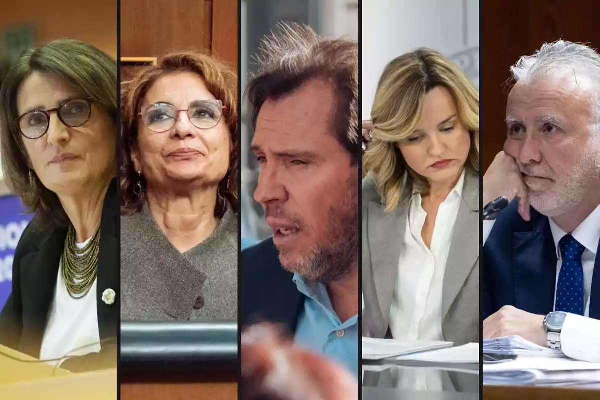 Cinco personas en una imagen dividida en secciones verticales, cada una con una expresión facial diferente.