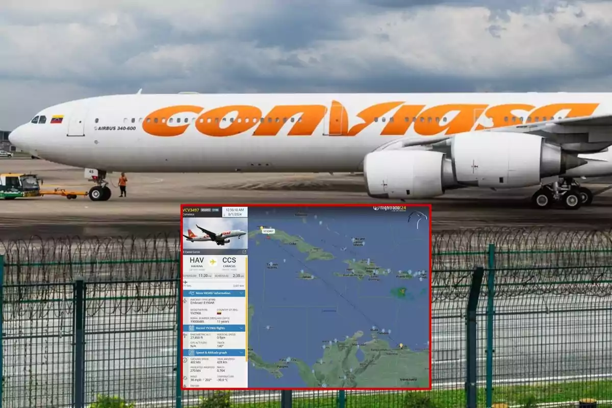 Un avión de la aerolínea Conviasa en el aeropuerto con un mapa de ruta de vuelo en la esquina inferior derecha.