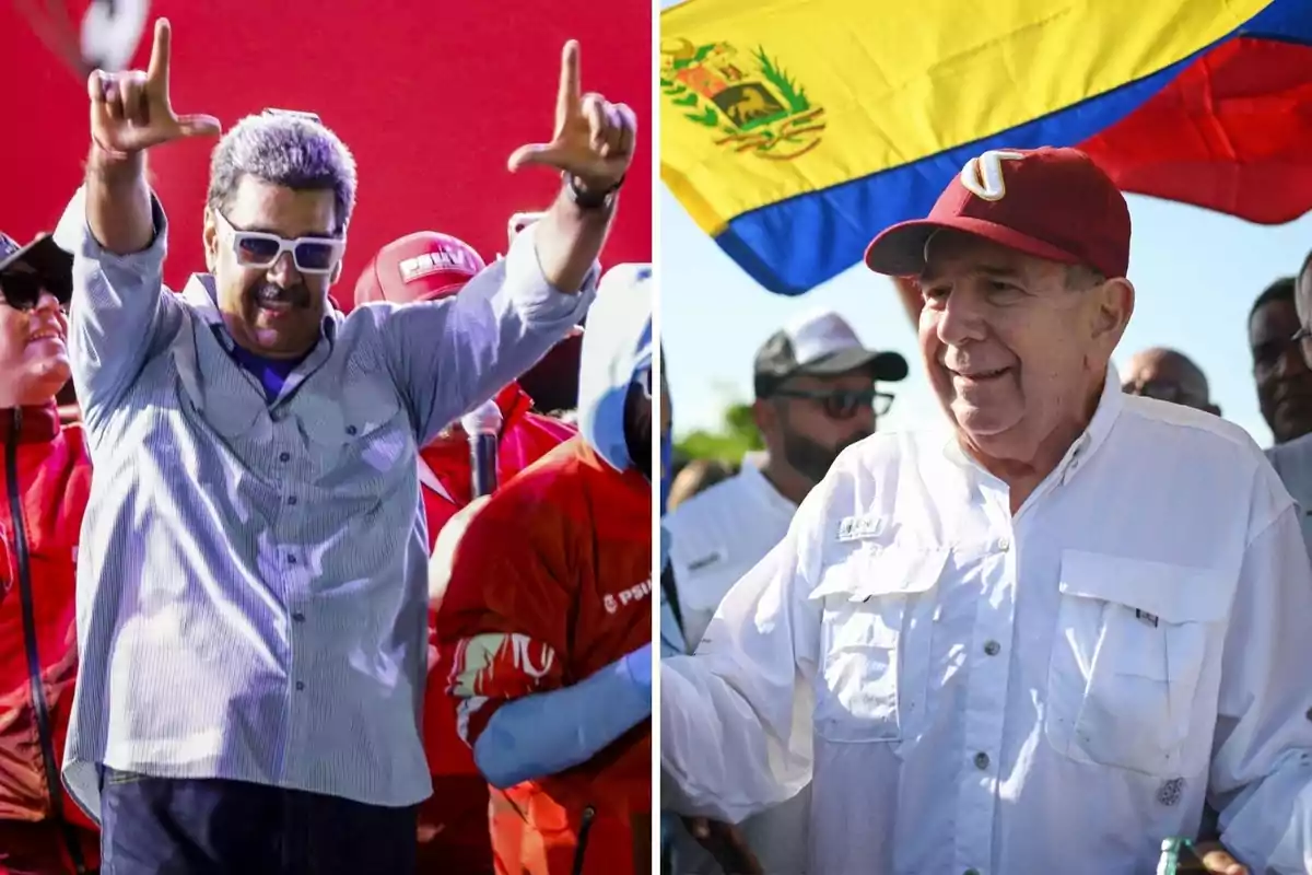 Dos hombres participando en eventos públicos, uno haciendo un gesto con las manos y el otro sonriendo con una gorra roja y una bandera de Venezuela de fondo.