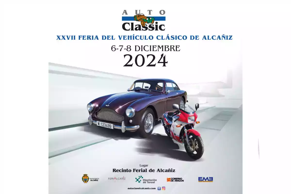 Cartel de la XXVII Feria del Vehículo Clásico de Alcañiz 2024 con un coche clásico y una motocicleta en el Recinto Ferial de Alcañiz.