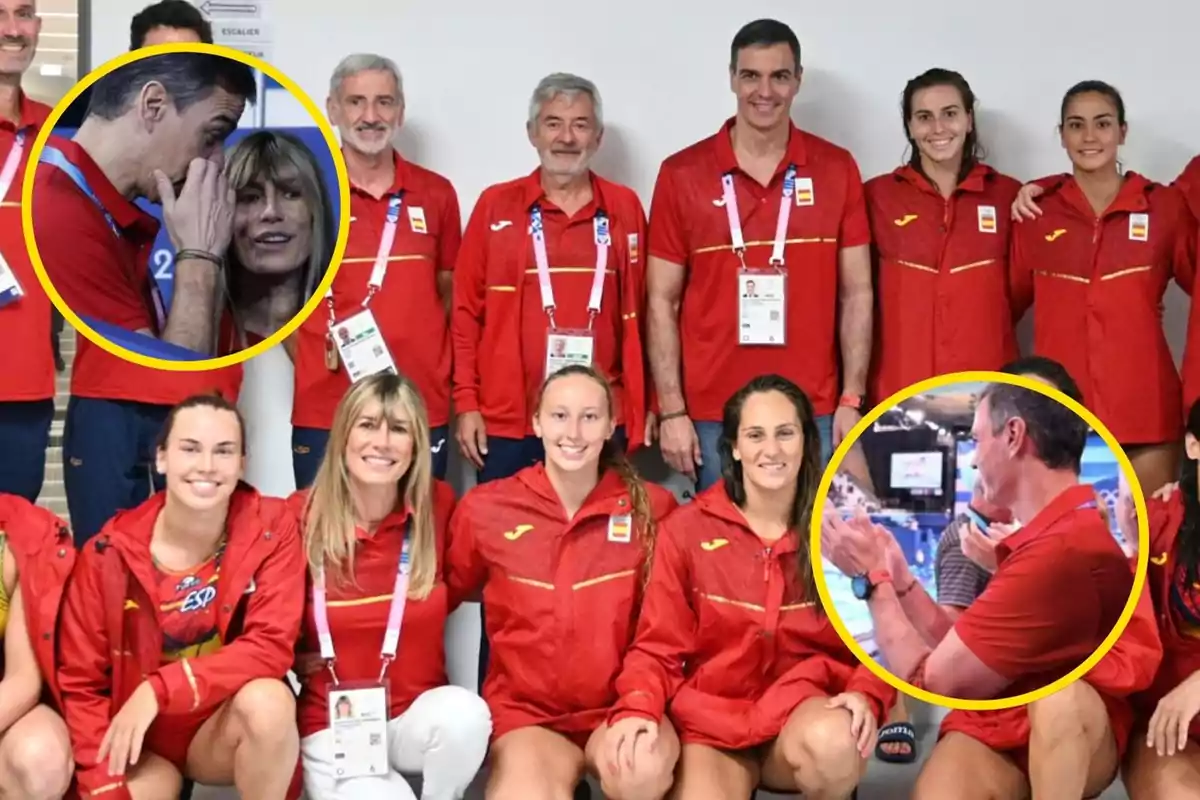 Un grupo de personas vestidas con uniformes rojos posando para una foto, con dos imágenes circulares insertadas que muestran interacciones entre dos de los individuos.