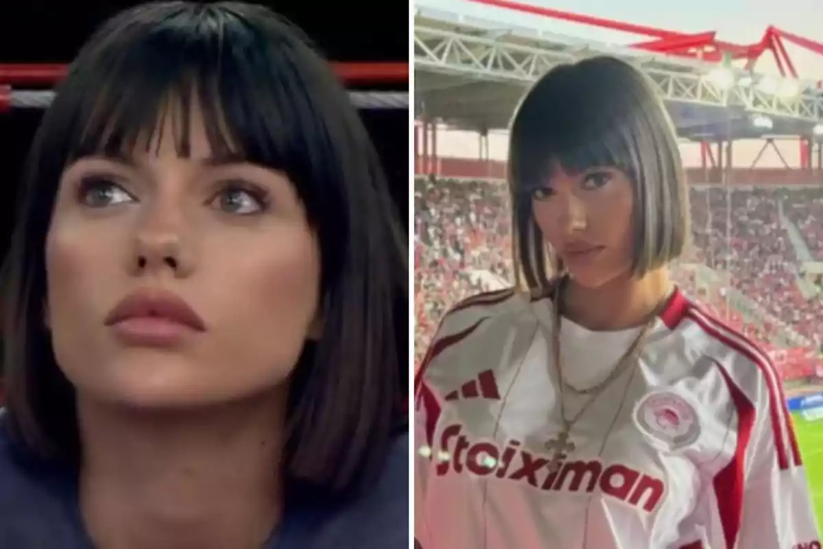 Mujer con cabello corto y oscuro en dos imágenes, una en un estadio con camiseta deportiva.