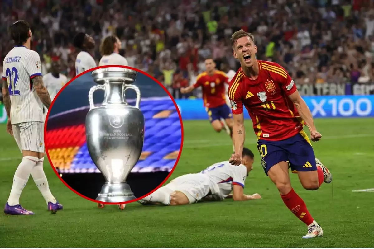 Un jugador de la selección española celebra un gol en un partido de fútbol, mientras que en la esquina inferior izquierda se muestra una imagen del trofeo de la UEFA Euro.