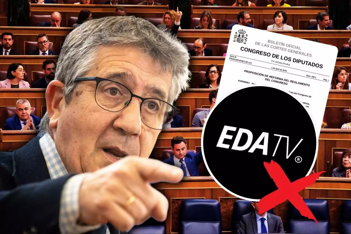Un hombre con gafas en primer plano señala mientras en el fondo se ve un documento del Congreso de los Diputados y un logotipo de EDA TV con una cruz roja sobre él, todo en un contexto de una sesión parlamentaria.