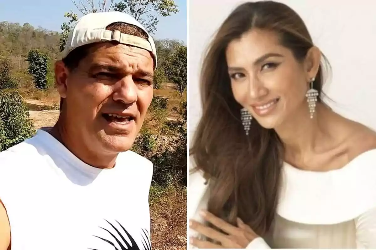 Un hombre con gorra blanca y camiseta sin mangas está al aire libre en un entorno natural, mientras que una mujer con cabello largo y suelto, lleva un vestido blanco y pendientes largos, posa en un estudio.