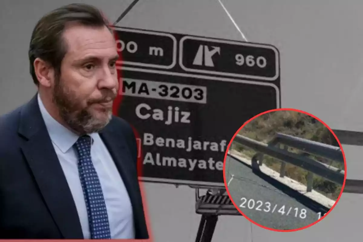 Un hombre con traje y corbata aparece junto a una señal de tráfico que indica direcciones hacia Cajiz, Benajarafe y Almayate, con un círculo que resalta una barrera de carretera y la fecha 18 de abril de 2023.