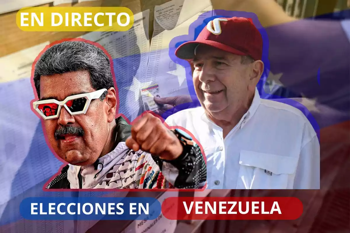 Dos hombres con fondo de bandera de Venezuela y texto "EN DIRECTO" y "ELECCIONES EN VENEZUELA".