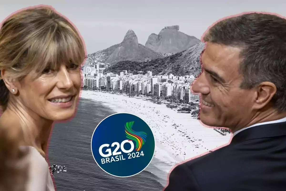 Dos personas sonríen frente a una playa con montañas al fondo y un logotipo del G20 Brasil 2024.