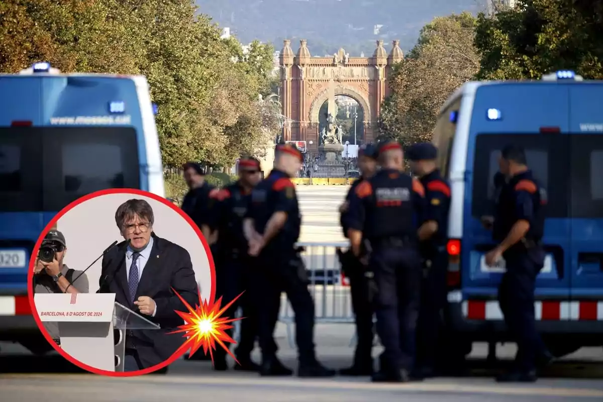 Un grupo de policías se encuentra en una calle con dos furgonetas azules, mientras en un círculo rojo se muestra a un hombre hablando en un podio.