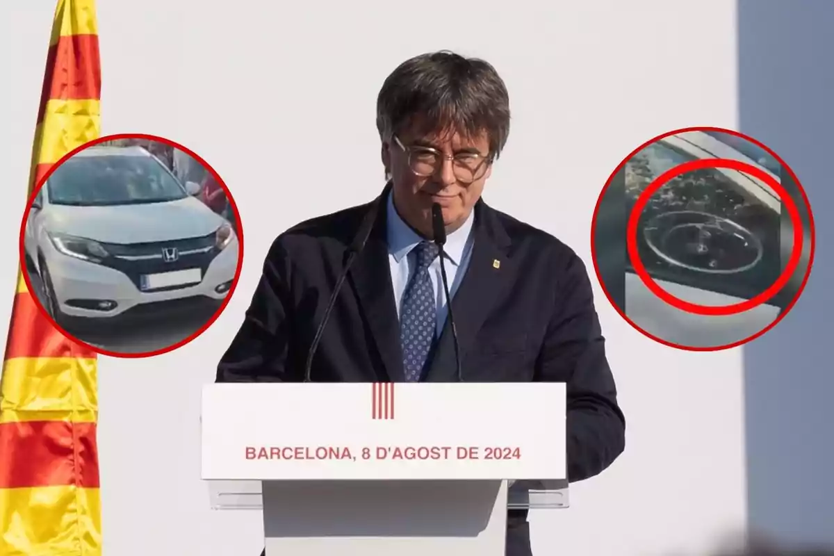 Un hombre con gafas y traje oscuro está dando un discurso en un podio que tiene la inscripción "BARCELONA, 8 D'AGOST DE 2024", con una bandera catalana a su izquierda y dos imágenes circulares resaltadas en rojo a su alrededor, una de un coche Honda blanco y otra de un parabrisas con impactos.