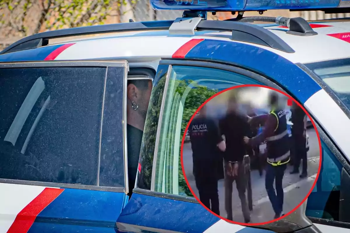 Un coche de policía con una persona en el asiento trasero y un recuadro que muestra a varios agentes escoltando a un individuo.