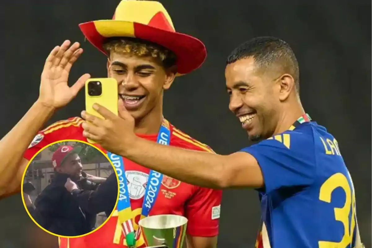 Dos personas sonrientes tomándose una selfie, una de ellas con un sombrero colorido y una medalla, mientras que en la esquina inferior izquierda hay un recuadro con otra persona.